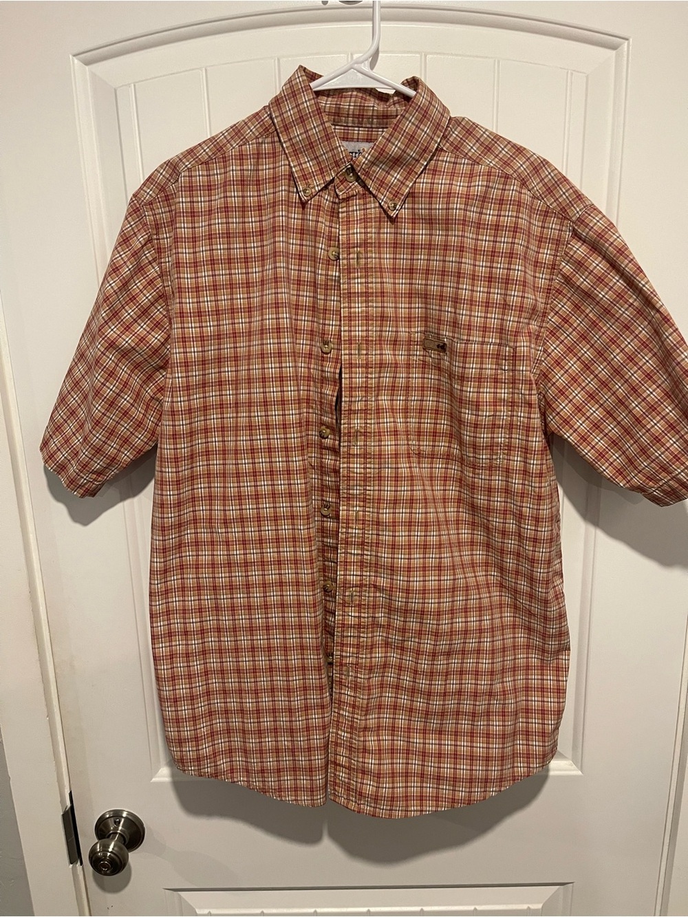 Carhartt Plaid Button Front Shirt Men’s Medium Tan Red Short Sleeve Cotton